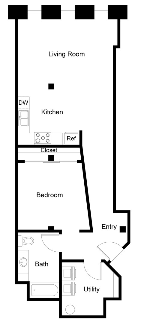 Floor plan for 1 bed, 1 bath, 860 sqft